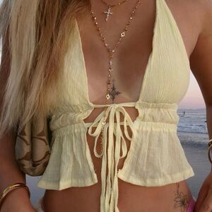 Butter Yellow Backless Tie-Front Halter Top